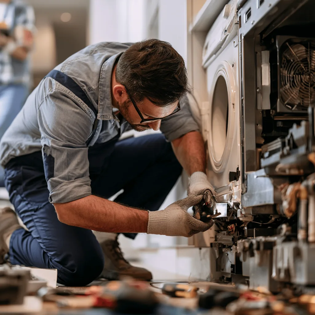 Appliance repair technician servicing internal dryer components