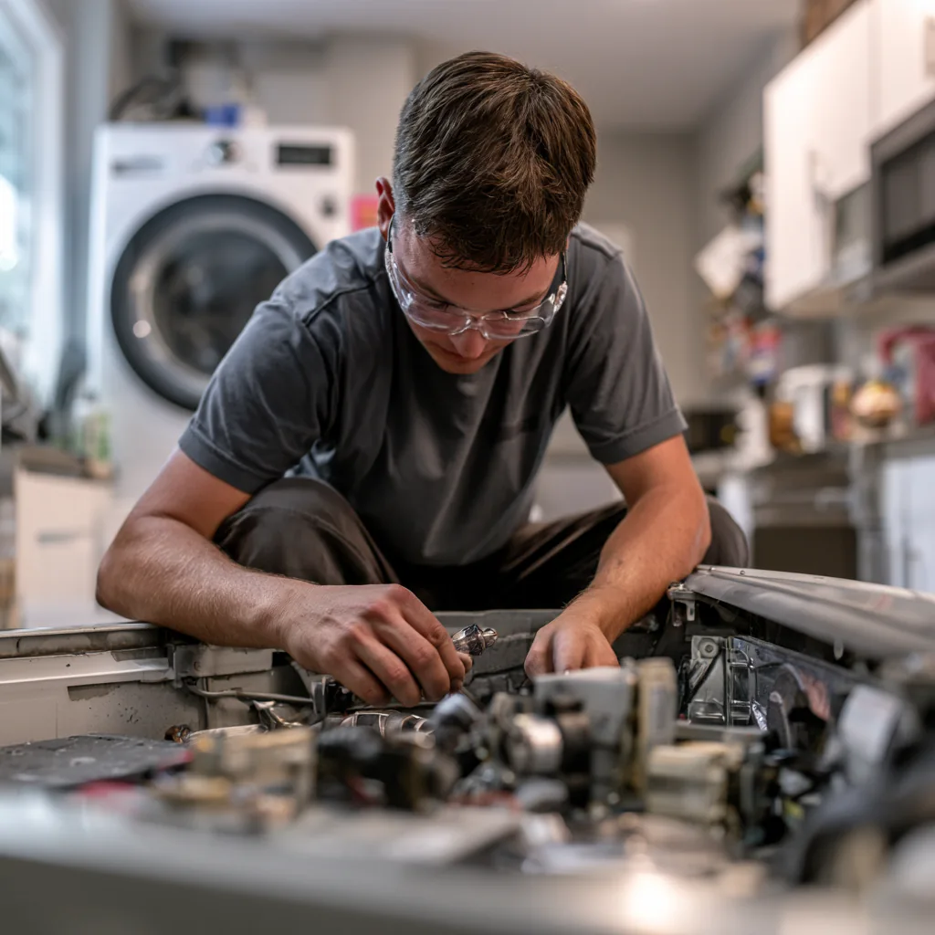 Appliance repair technician diagnosing internal appliance components