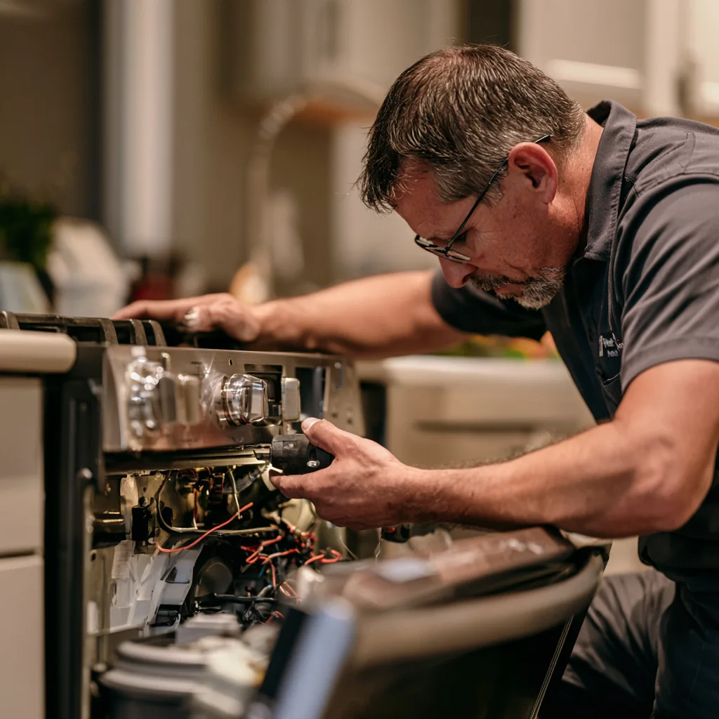 Appliance technician repairing electronic controls in a home