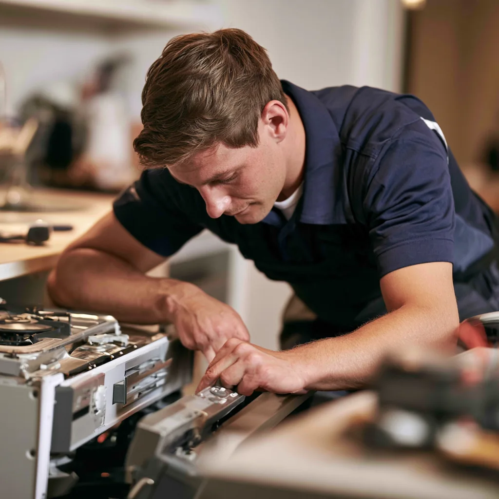 Technician servicing a residential oven and range