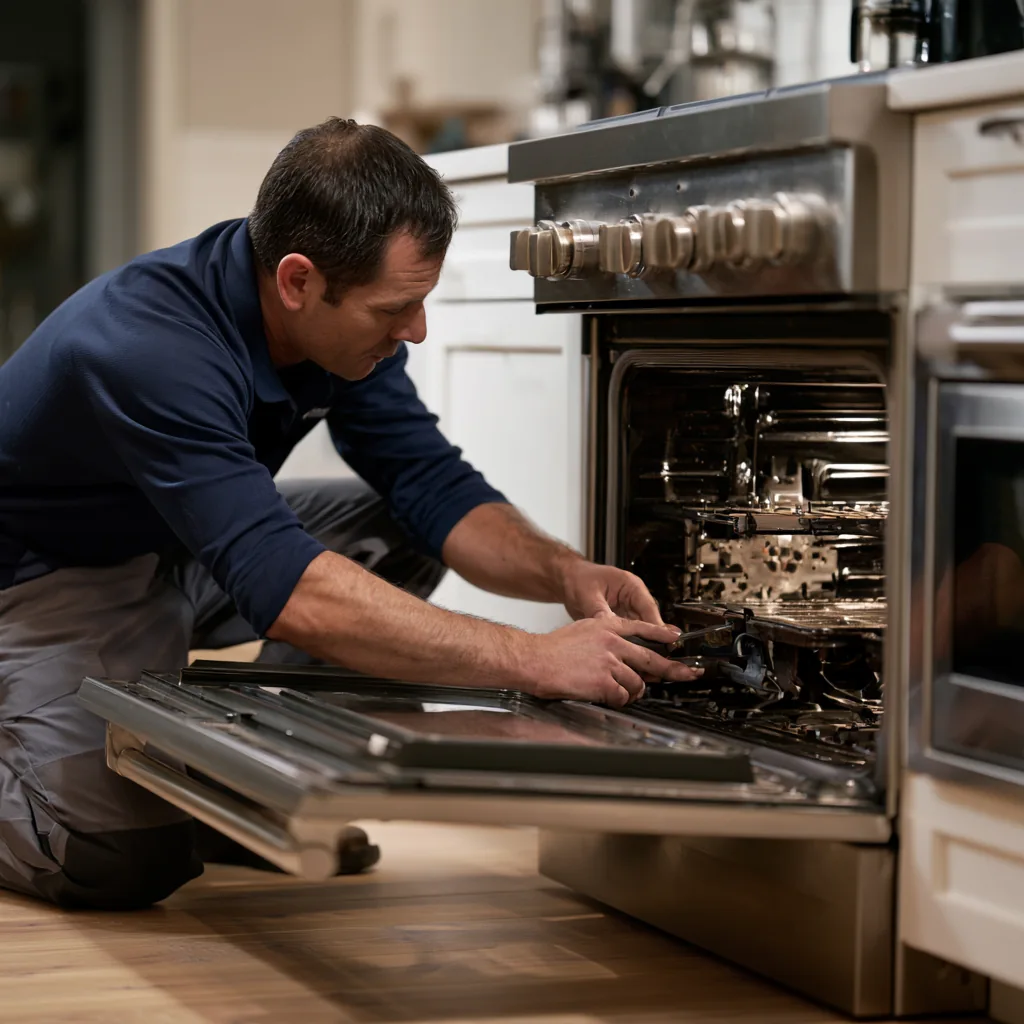 Smiling appliance technician repairing an open dishwasher