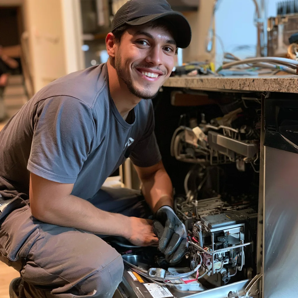 Technician repairing components of a built-in kitchen appliance