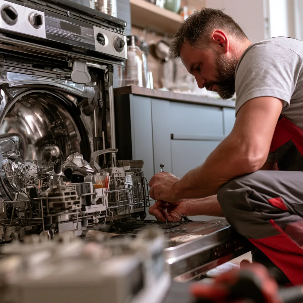 Appliance repair technician working beside a built-in kitchen appliance
