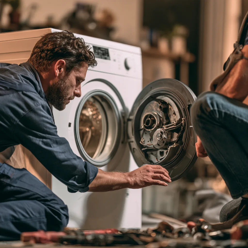 Technicians repairing the open door assembly of a front-load washer